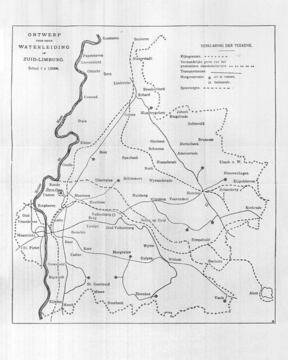 Waterleidingnet in aanleg door de NV Waterleiding Maatschappij voor Zuid-Limburg: deze kaart geeft een historisch beeld van de groeiende infrastructuur voor schoon drinkwater in de regio.
